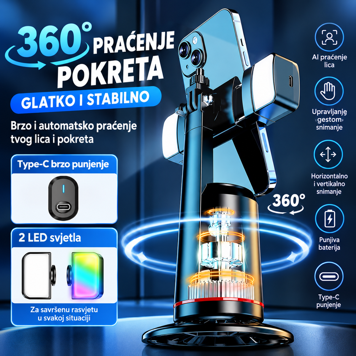 AI 360° Auto Tracking držač za telefon sa LED svjetlima
