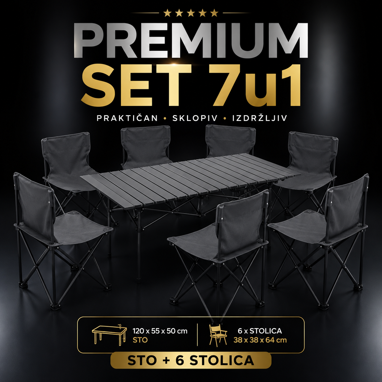 Premium Sklopivi Set 120 cm – Sto + 6 Stolica