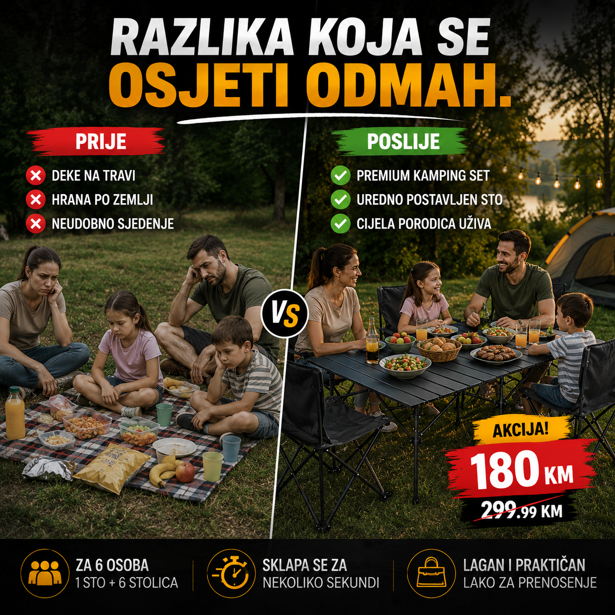 Premium Sklopivi Set 120 cm – Sto + 6 Stolica