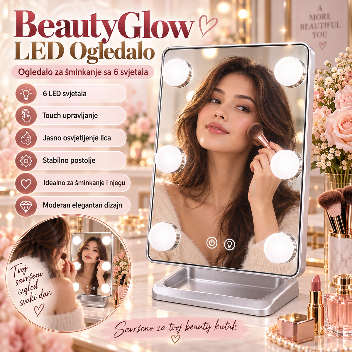 Hollywood Glow LED Ogledalo za Šminkanje sa 6 Svjetala