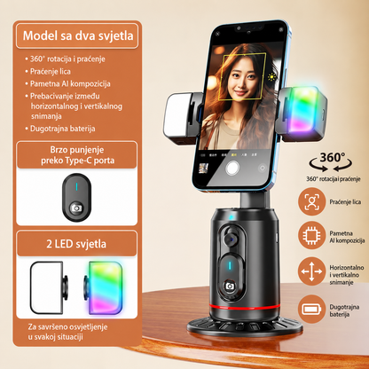 AI 360° Auto Tracking držač za telefon sa LED svjetlima