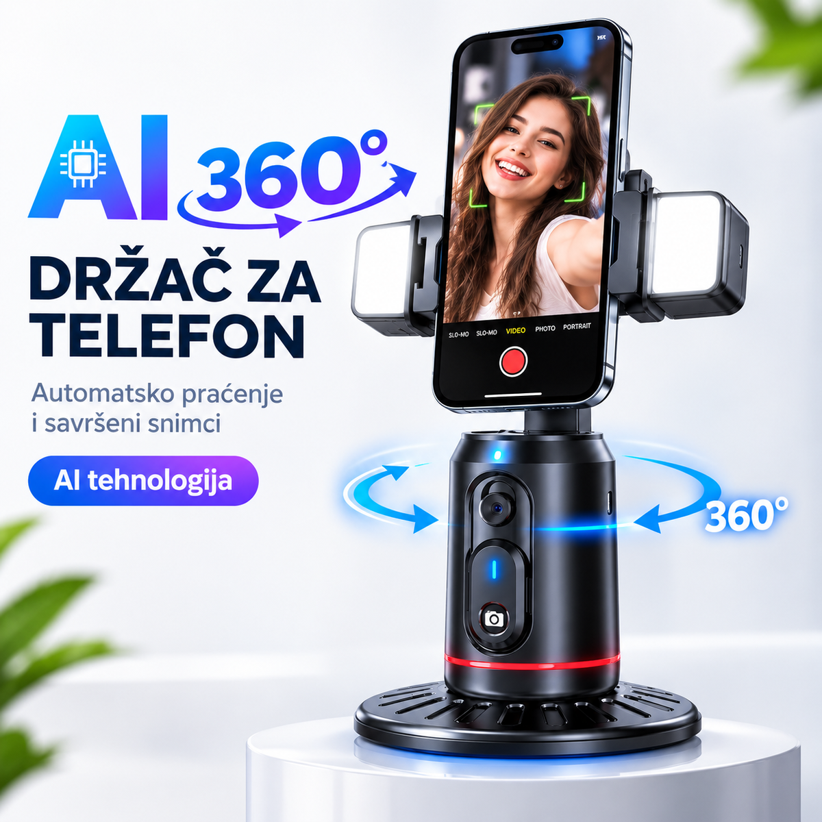 AI 360° Auto Tracking držač za telefon sa LED svjetlima